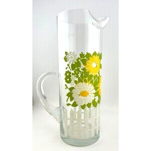 Vtg Virginia West Glass Pitcher White Picket Fence Daisy MCM Floral Green Yellow